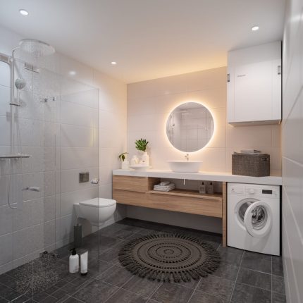 Flexit Nordic S2 / S3 ventilatsiooniseade paigaldatud vannituppa, seinale valamu ja pesumasina kohale